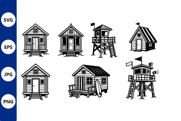 Beach Hut Scene in Black and White