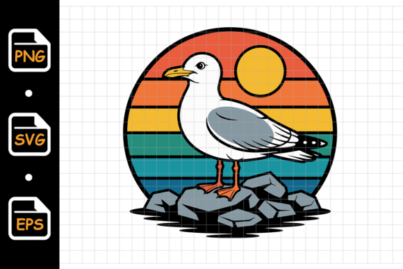 Seagull on Rocks with Retro Sunset Beach